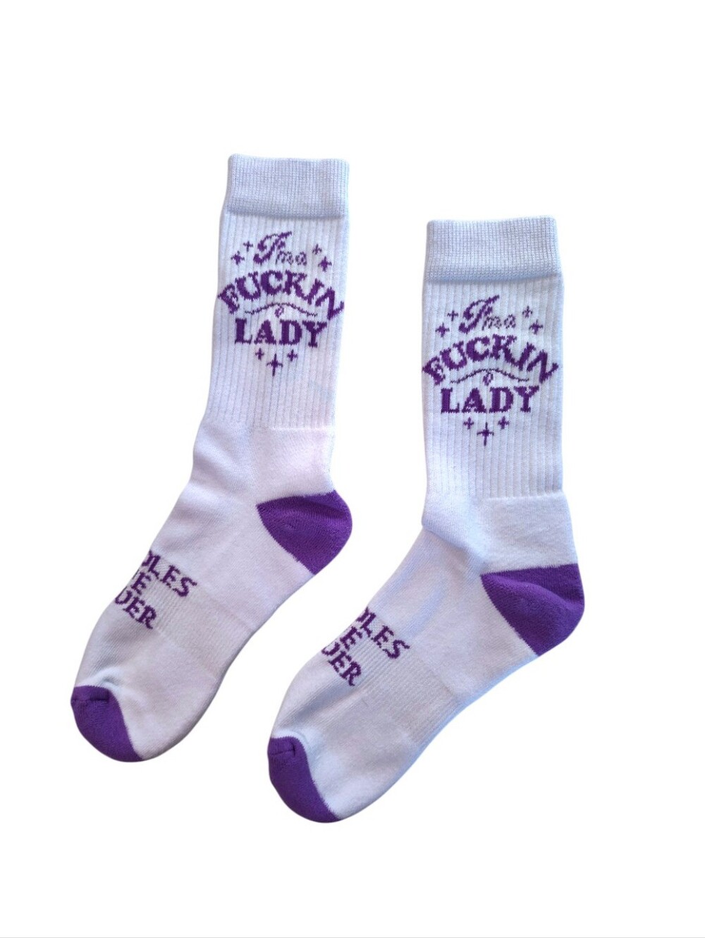 A-holes Live Forever Crew Socks White with Purple Accents Graphic Socks - Picture 2 of 5